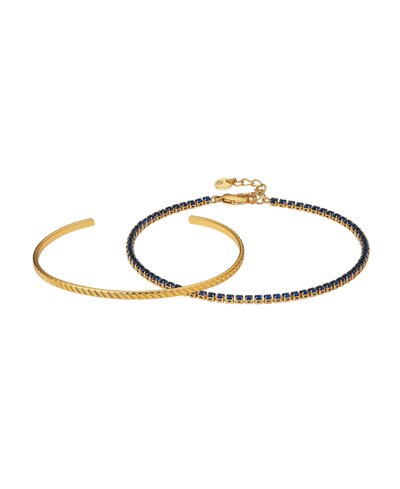 Unwritten Blue Sapphire Cubic Zirconia Tennis And Cuff 2 Piece Bracelet Set In Gold