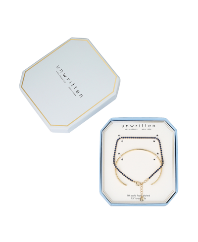 Unwritten Blue Sapphire Cubic Zirconia Tennis And Cuff 2 Piece Bracelet Set In Gold