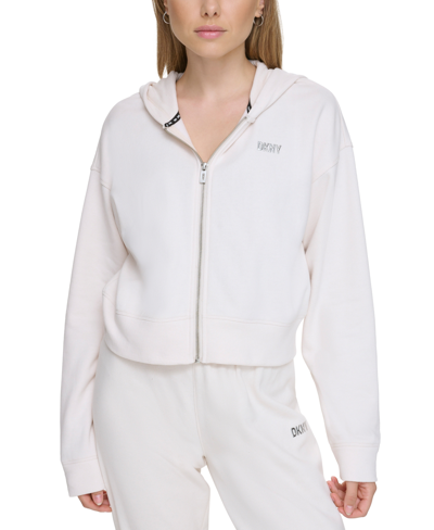 Shop Dkny Sport Women's Metallic-logo Zip-up Hooded Sweatshirt In Sand,silver