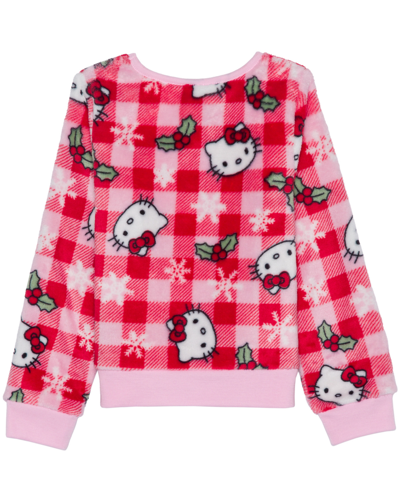 Shop Hello Kitty Little Girls Xmas Plaid Long Sleeve Plush Pullover Sweatshirt In Pink