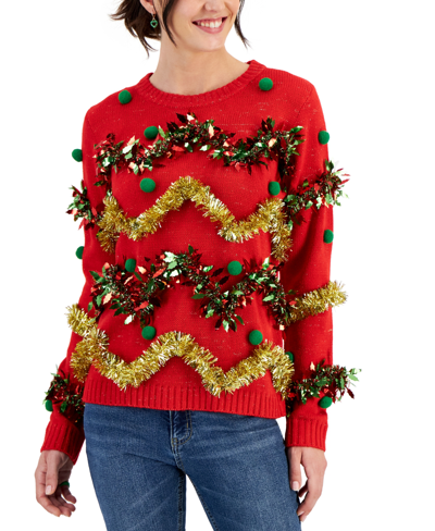 Shop Planet Heart Juniors' Embellished Tinsel Long-sleeve Sweater In True Red Combo