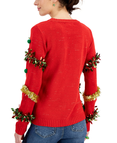Shop Planet Heart Juniors' Embellished Tinsel Long-sleeve Sweater In True Red Combo