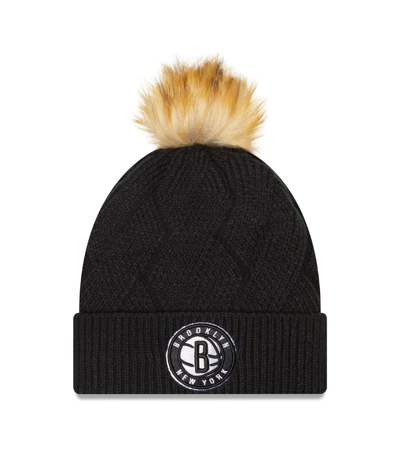 Shop New Era Women's  Black Brooklyn Nets Snowy Cuffed Knit Hat With Pom