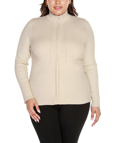 Shop Belldini Black Label Plus Size Lurex Mock Neck Ribbed Zip Up Sweater In Champagne