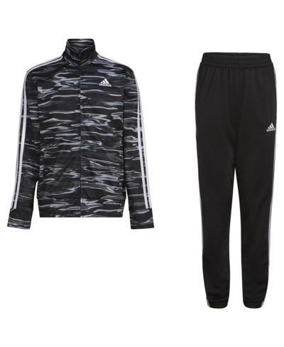 Shop Adidas Originals Big Boys Long Sleeve Printed Tricot Jacket And Pant, 2-piece Set In Black