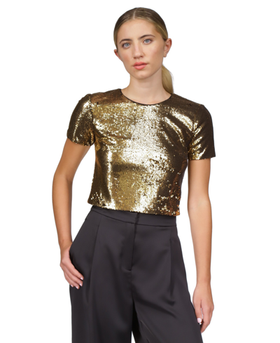 Shop Michael Kors Michael  Women's Sequined Crewneck T-shirt In Black,gold