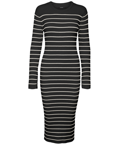 Shop Vero Moda Women's Striped Ribbed Sweater Dress In Black,birch Stripe