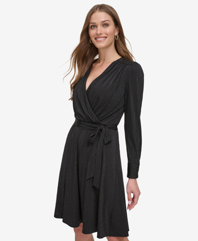 Shop Dkny Petite Embellished Faux-wrap Dress In Black