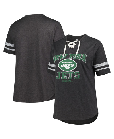 Shop Fanatics Women's  Heather Charcoal New York Jets Plus Size Lace-up V-neck T-shirt