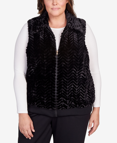 Shop Alfred Dunner Plus Size Park Place Zip Up Faux Fur Vest With Knit Back In Ebony
