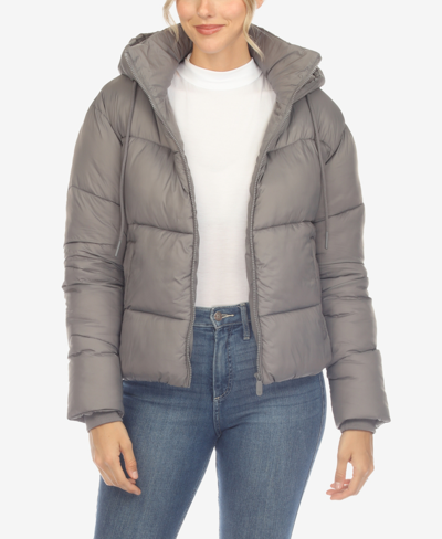White Mark Plus Size Hooded Bomber Puffer Coat In Gray