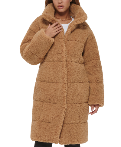 Shop Levi's Women's Long Sherpa Snap-closure Teddy Coat In Chestnut