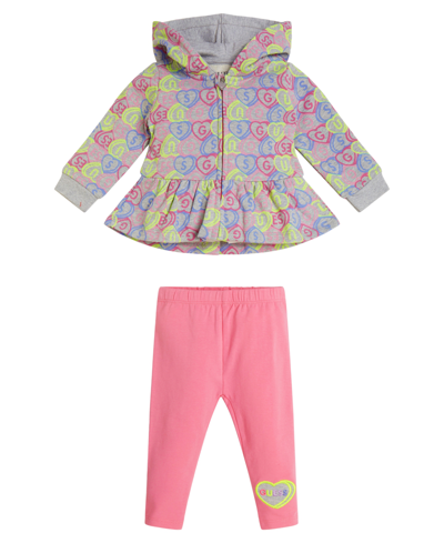 Shop Guess Baby Girls Zip Up Top And Jersey Leggings, 2 Piece Set In Pink