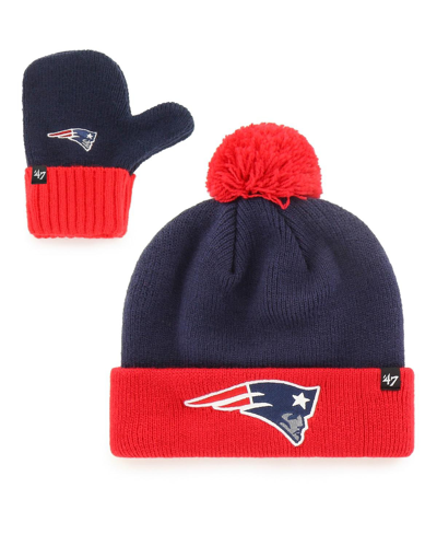 Shop 47 Brand Toddler Unisex Navy And Red New England Patriots Bam Bam Cuffed Knit Hat With Pom And Mittens Set In Navy,red