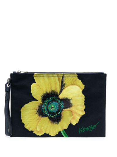 Kenzo Navy Blue Poppy Floral Printed Zipped Large Clutch Bag In Navy Blue