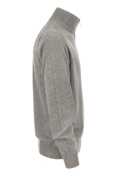 Shop Brunello Cucinelli Cashmere Turtleneck Sweater With Zip In Grey Melange