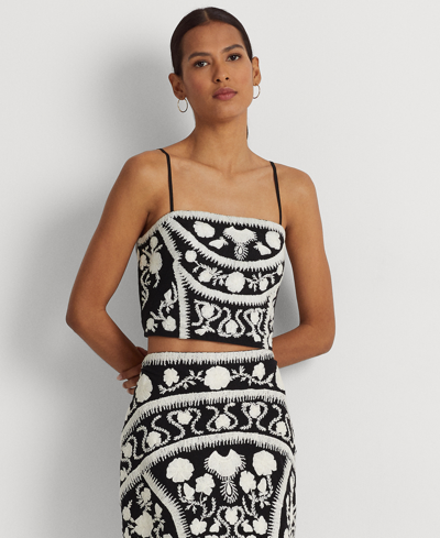 Shop Lauren Ralph Lauren Women's Embroidered Cropped Sleeveless Blouse In Black,white