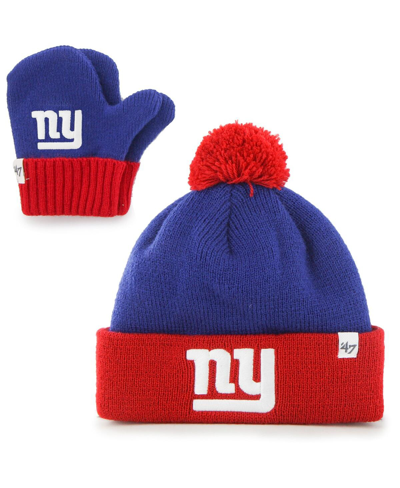 Shop 47 Brand Toddler Unisex Royal And Red New York Giants Bam Bam Cuffed Knit Hat With Pom And Mittens Set In Royal,red