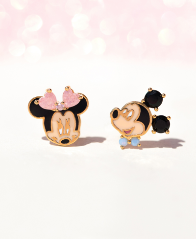 Girls Crew 18k Gold-plated Color Crystal Mickey & Minnie Mismatch Stud Earrings In Gold