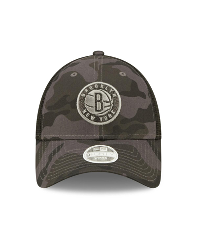 Shop New Era Women's  Charcoal Brooklyn Nets Camo Glam 9forty Trucker Snapback Hat