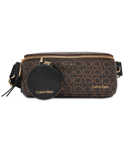 Shop Calvin Klein Millie Signature Convertible Belt Bag With Zippered Coin Pouch In Brown Khaki,black