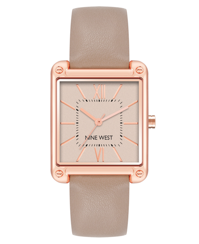 Nine West Women's Quartz Square Taupe Faux Leather Band Watch, 29mm In Taupe,rose Gold-tone