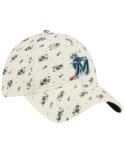 Shop New Era Women's  Cream Miami Marlins Chrome Bloom 9twenty Adjustable Hat