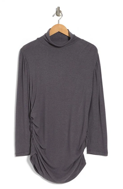 Renee C Turtleneck Long Sleeve Ruched Top In Charcoal
