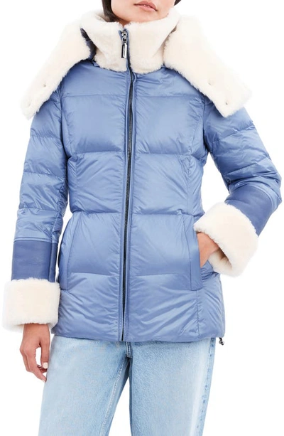 Shop Dawn Levy Puffer Jacket With Genuine Shearling Trim In Slate Blue