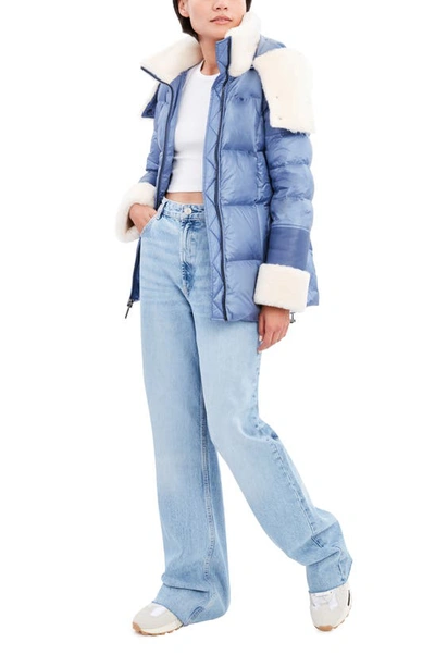 Shop Dawn Levy Puffer Jacket With Genuine Shearling Trim In Slate Blue