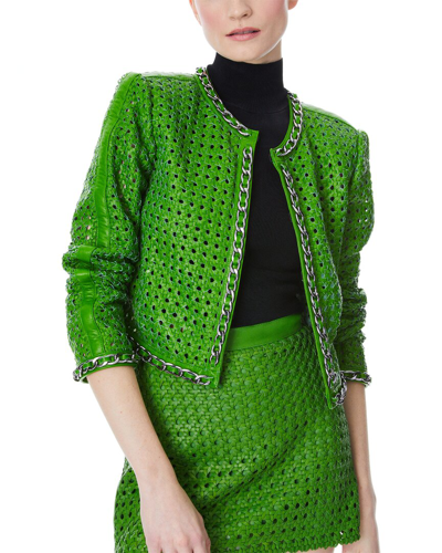 Shop Alice And Olivia Brixton Cropped Box Leather Jacket In Green