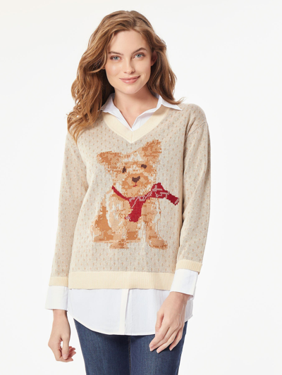 Shop Jones New York Holiday Dog V-neck Sweater In Beige