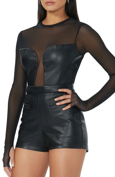 Shop Afrm Sirena Mesh & Faux Leather Top In Noir