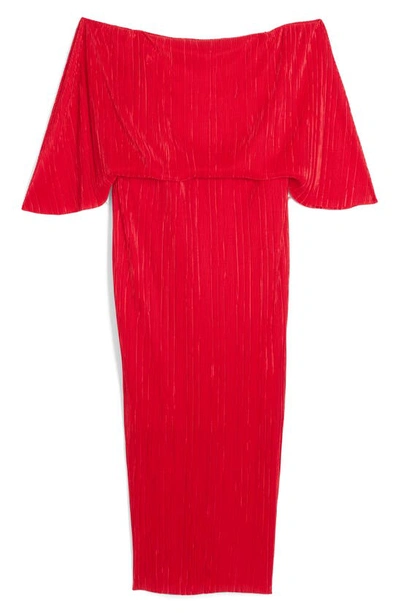 Shop River Island Drape Off The Shoulder Plissé Midi Dress In Red