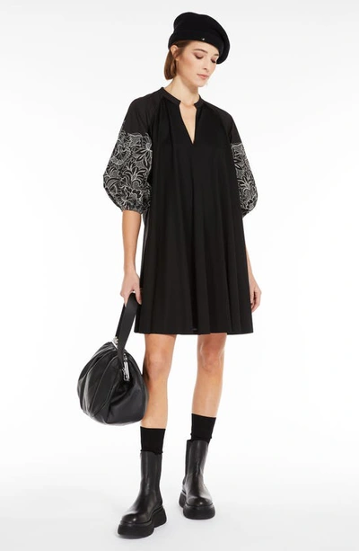Shop Weekend Max Mara Fingere Embroidered Sleeve Cotton Jersey Dress In Black