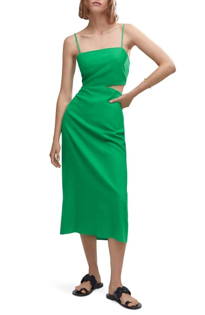 Shop Mango Cutout Linen Blend Midi Dress In Green