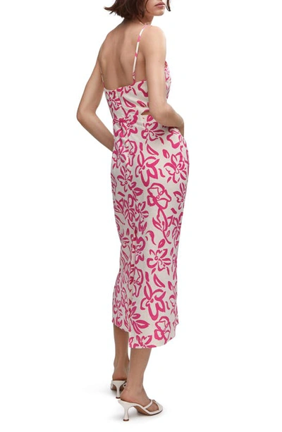 Shop Mango Floral Cutout Linen Blend Midi Dress In Fuchsia