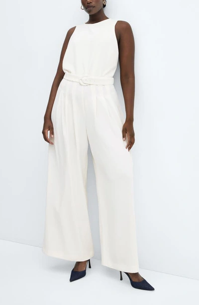 Shop Mango Belted Sleeveless Wide Leg Jumpsuit In White