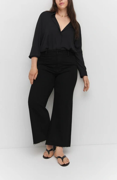 Shop Mango High Waist Raw Hem Wide Leg Jeans In Black Denim