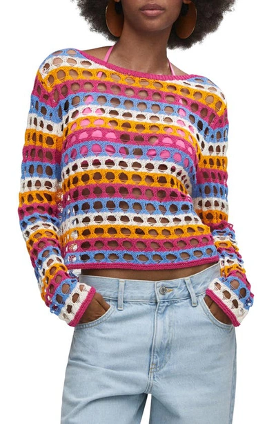 Shop Mango Crochet Sweater In Pastel Orange