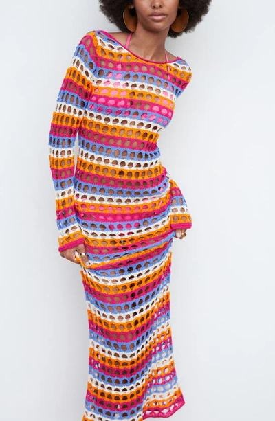 Shop Mango Openwork Long Sleeve Crochet Maxi Dress In Pastel Orange