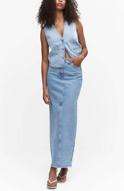 Mango Raw Hem Detail Denim Maxi Skirt In Medium Blue In Medium Blue