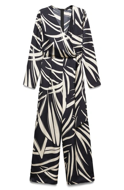 Shop Mango Abstract Print Long Sleeve Wrap Jumpsuit In Black