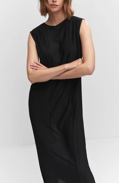Mango Pleated Sleeveless Midi Dress In Black