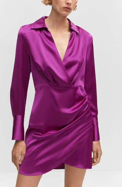 Shop Mango Long Sleeve Satin Shirtdress In Medium Purple