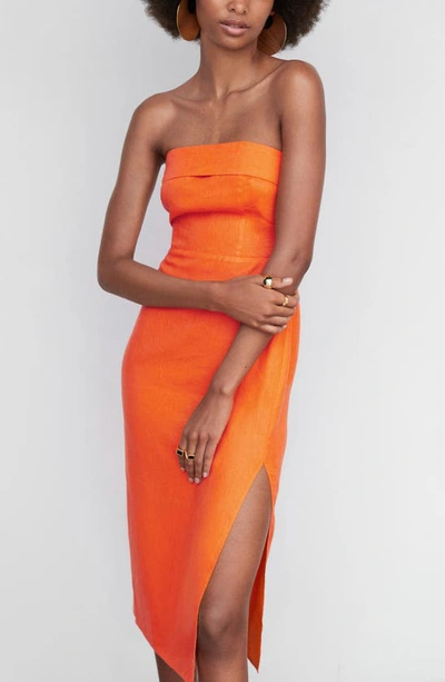 Shop Mango Strapless Linen Dress In Orange