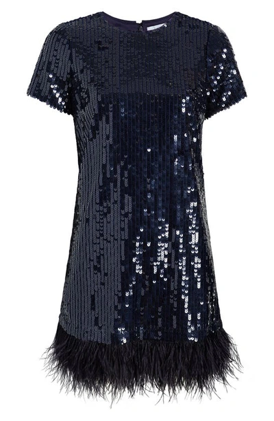 Shop Likely Marullo Sequin Feather Trim Dress In Navy