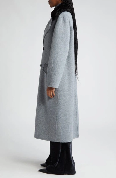 Shop Proenza Schouler White Label Emma Double Breasted Wool Blend Longline Coat With Faux Fur Trim In Ash/ Black