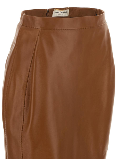 Shop Saint Laurent Pencil Leather Skirt In Brown