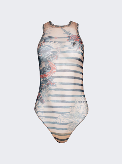 Shop Jean Paul Gaultier Mariniere Tattoo Bodysuit In Nude And Blue